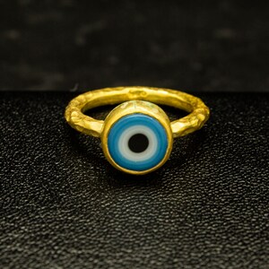 Greek Blue Evil Eye Ring | Protection Hammered Ring | 925 Sterling Silver Ring 24K Gold Plated | Good Luck Ring | Dainty Gift By Pellada