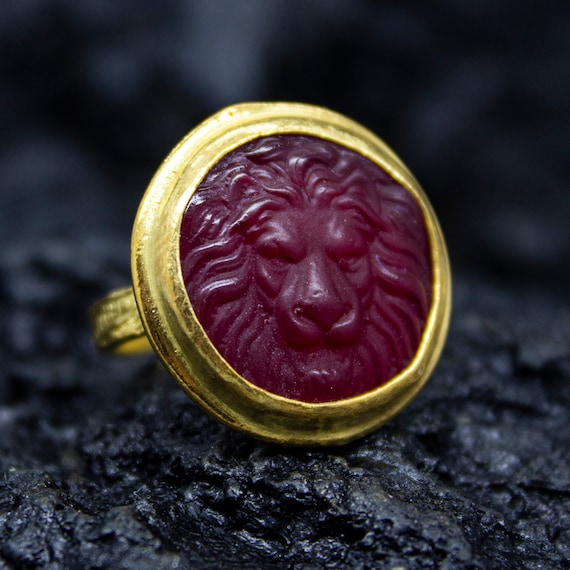 Ancient Lydian Lion Intaglio Red Glass Ring Roman Zodiac Glass Ring 925 Sterling Silver Ancient Mythology Lion Zodiac Ring by Pellada 