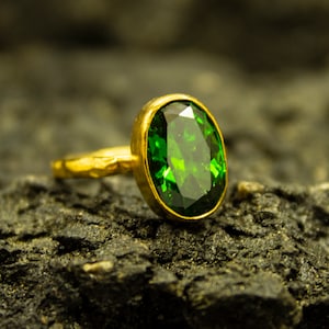 Greek Gold Emerald Ring | Tiny Green Ring | 925 Sterling Silver Ring 24K Gold Plated | Ancient Stacking | Dainty Gemstone Gift By Pellada