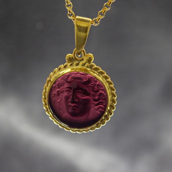 Medusa Intaglio Venetian Glass Necklace | 925 Sterling Silver | Ancient Greek Carved Medusa Intaglio Pendant | Purple Glass Ring by Pellada