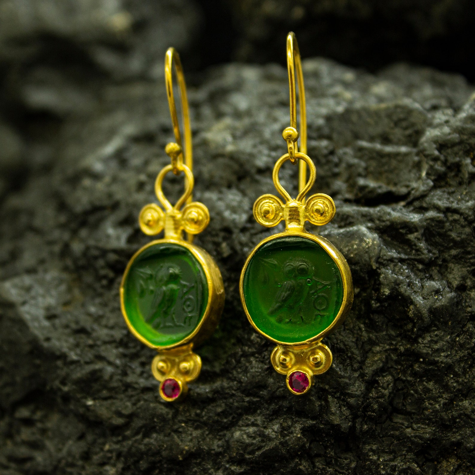 Athena Owl Intaglio Glass Earrings 24K Gold Over 925 - Etsy