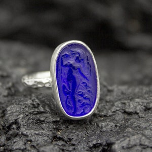 Venus Intaglio Navy Blue Glass Ring | 925 Sterling Silver | Greek Ancient Aphrodite Venus Ring | Venetian Vintage Glass Ring by Pellada