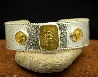 Hammered Cuff  Honey Bee Coin Silver Bracelet | 925 Sterling Silver 24K Gold | Adjustable Ancient Silver Cuff | Handmade Bracelet by Pellada