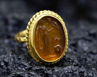 Aphrodite Orange Intaglio Silver Ring | 925 Sterling Silver | Ancient Signet Aphrodite / Venus Ring | Greek Goddess Intaglio Ring by Pellada