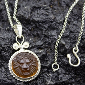 Ancient Lion Intaglio Glass Necklace | Silver 24K Gold Plated | Greek Lion Intaglio Silver Pendant | Venetian Glass Zodiac Pedant by Pellada