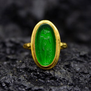 Ancient Greek Woman Intaglio Glass Silver Ring | 24K Gold Plated | Ancient Greek Aphrodite Jewelry | Dainty Ancient Carving Ring by Pellada