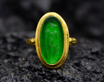 Ancient Greek Woman Intaglio Glass Silver Ring | 24K Gold Plated | Ancient Greek Aphrodite Jewelry | Dainty Ancient Carving Ring by Pellada