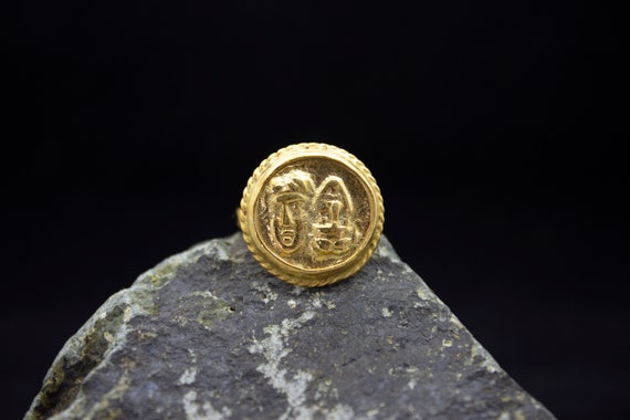 Ancient Roman Art Two Face Signed Coin Ring 24K Gold Plated 925 Sterling Silver Ring Handcrafted Hammered Jewelry by Pellada