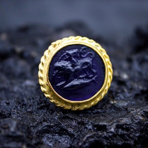 Ancient Lydia Lion Intaglio Glass Ring | 925 Sterling Silver | Ancient Lion and Fish Intaglio Ring | Lydia King Intaglio Ring by Pellada