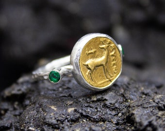 Artemis Ancient Mythology Deer Coin Ring 24K Gold Plated 925