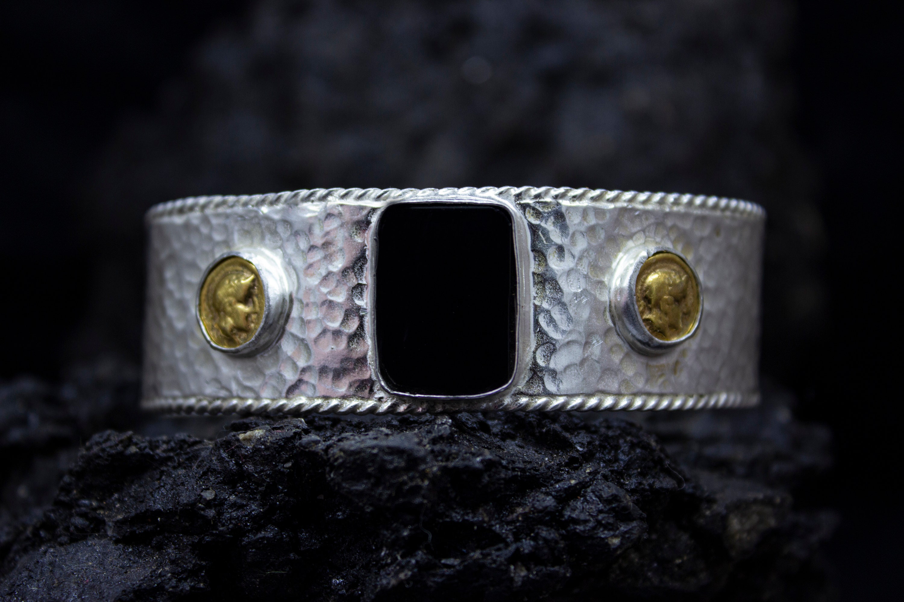 Greek Art Hammered Cuff Onyx Stone Silver Bracelet | 925 Sterling Silver | Ancient Roman Silver Cuff | Handmade Coin Bracelet by Pellada