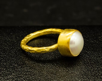 Natural Pearl Ring | 925 Sterling Silver Ring 24K Gold Plated | Minimalist Birthstone Ring | Freshwater Pearl | Greek Jewelry By Pellada
