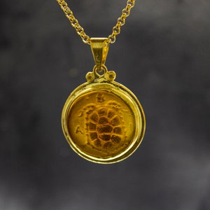 Greek Turtle Intaglio Venetian Necklace | 925 Sterling Silver | Ancient Greek Tortoise Intaglio Gold Pendant | Vintage Art Glass by Pellada