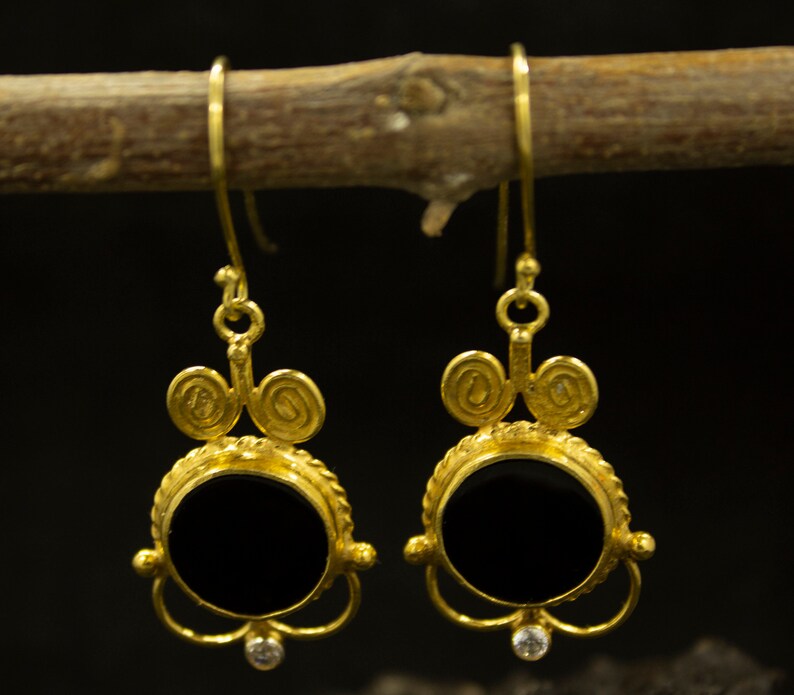 Black Stone Earrings Handmade By Pellada 24K Gold Over 925 Sterling Silver Onyx Stone Silver Earrings Ancient Minimalist Handcrafted