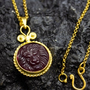 Lion Intaglio Glass Necklace | 925 Sterling Silver 24K Gold Plated | Ancient Greek Lion Intaglio Pendant | Carving Zodiac Pedant by Pellada