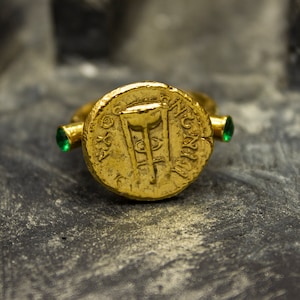 Ancient Divine Cup Coin Signed Ring | 24K Gold Plated 925 Sterling Silver | Gold Antique Ware Medallion Ring | Coin - Stone Ring by Pellada
