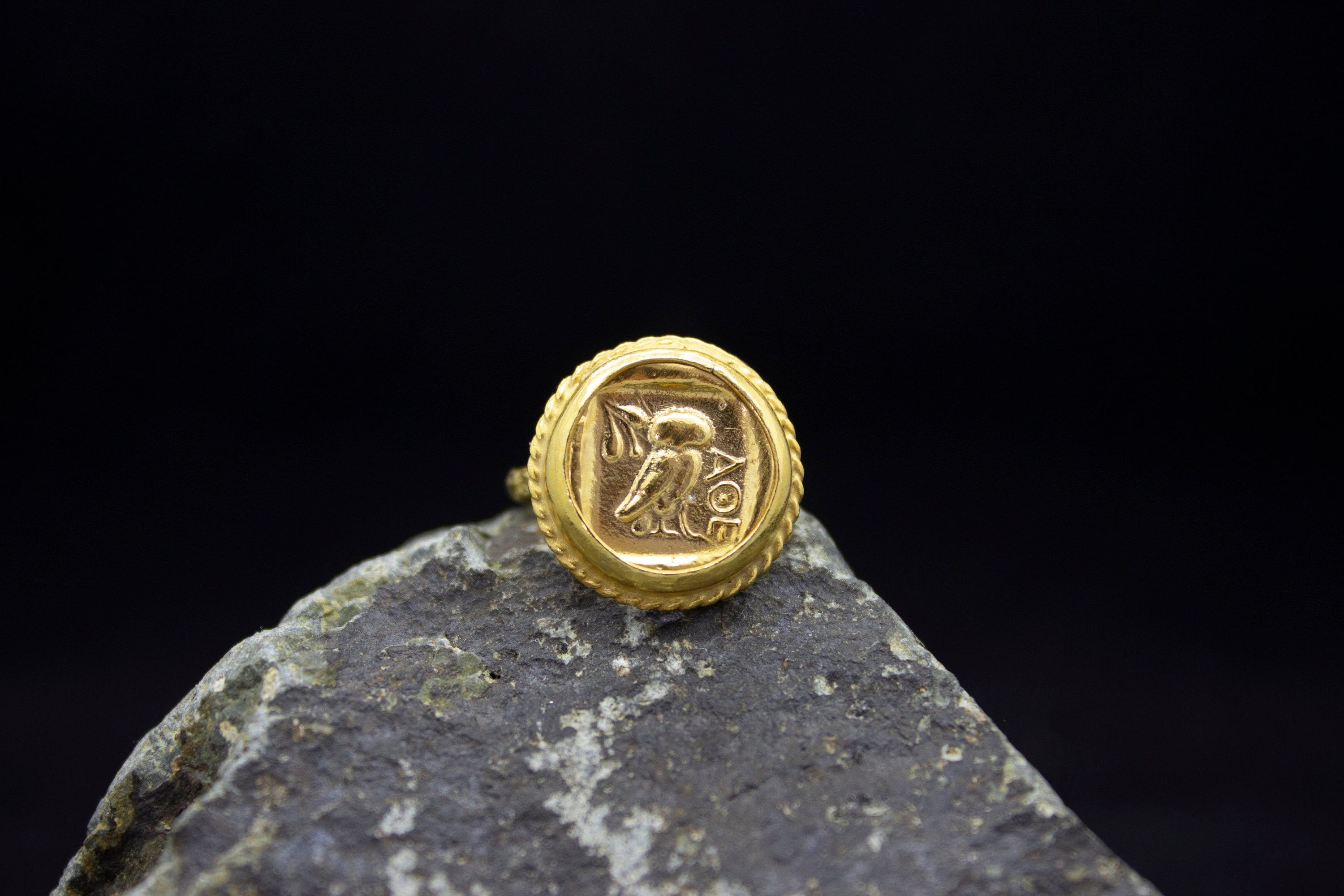 Ancient Roman Art Owl Signed Coin Ring 24K Gold Plated 925 Sterling Silver Ring Handcrafted Hammered