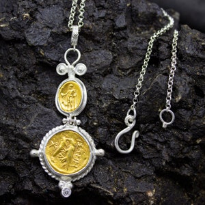 Granulated Double Coin Necklace | 925 Sterling Silver 24K Gold Plated  | Ancient Greek Necklace | Vintage  Coin Pendant  By Pellada