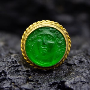 Ancient  Greek Medusa Intaglio Glass Ring | 24K Gold Plated | Roman Intaglio Silver Signet Ring | Intaglio Carving Glass Ring by Pellada