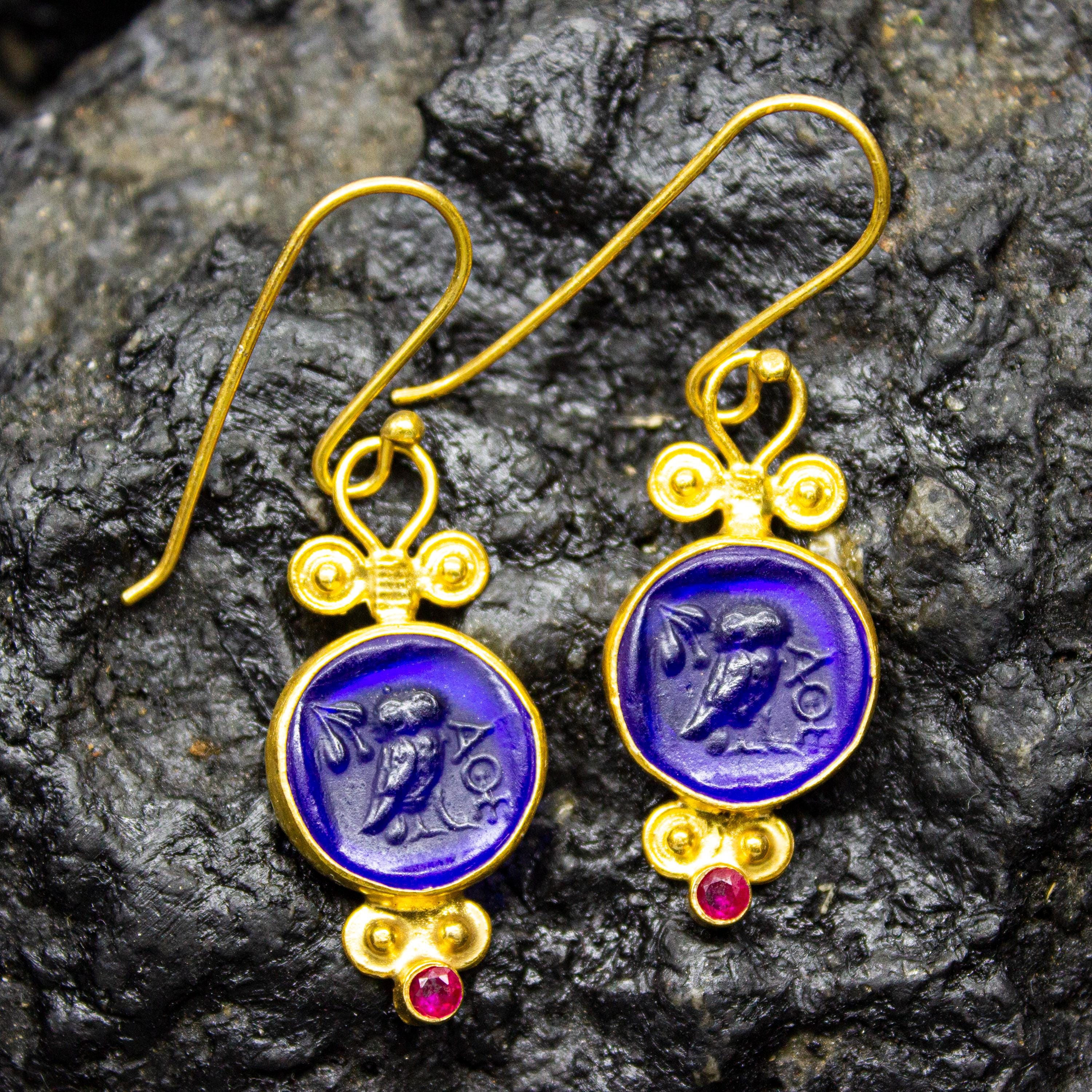 Owl Intaglio Glass Earrings | 24K Gold Over 925 Sterling Silver | Ancient Greek Athena Earrings | My
