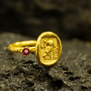 Ancient Art Owl Signet Coin Ring | 24K Gold Plated 925 Sterling Silver | Red CZ Stone Ring | Roman Art Hammered Jewelry | Gift by Pellada