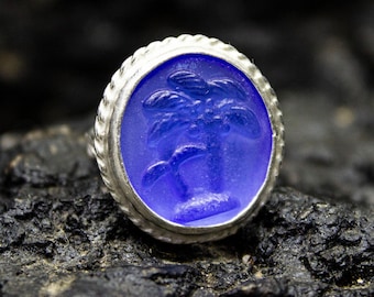 Vintage Palm Handmade Silver Ring | 24K Gold Plated 925 Sterling Silver | Tropical Intaglio Jewelry | Palm Tree Jewelry Ring by Pellada