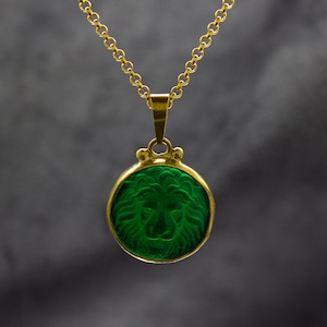 Lion Intaglio Green Glass Necklace | 925 Sterling Silver | Ancient Greek Lion Intaglio Pendant | Carving Venetian Glass Lion by Pellada