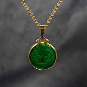 Lion Intaglio Green Glass Necklace | 925 Sterling Silver | Ancient Greek Lion Intaglio Pendant | Carving Venetian Glass Lion by Pellada