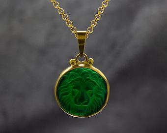 Lion Intaglio Green Glass Necklace | 925 Sterling Silver | Ancient Greek Lion Intaglio Pendant | Carving Venetian Glass Lion by Pellada