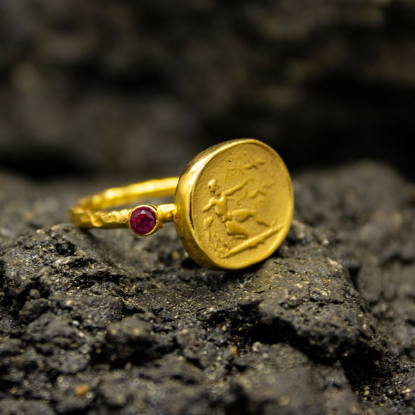 Roman Eros Coin Signet Ring | 24K Gold Plated 925 Sterling Silver | Ancient Greek Coin Ring | Grecian Jewelry | Vintage  Gift by Pellada