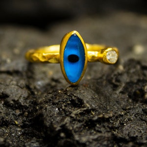 Blue Evil Eye Ancient Ring | Tiny Greek Protection Ring | 925 Sterling Silver Ring 24K Gold Plated | Third Eye | Guardian Ring By Pellada