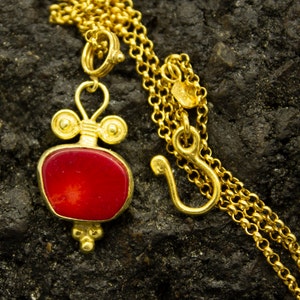 Red Coral Necklace 925 Sterling Silver 24K Gold Plated Ancient  Art Necklace Pendant Minimalist  By Pellada