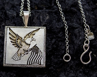 American Eagle Handmade Pendant | Square Eagle Shield Necklace | Handcrafted Military Veteran Gift for Him | Engraved Jewelry | by Pellada