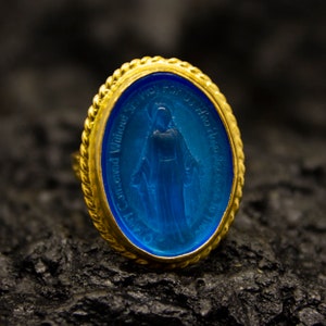 Virgin Mary Blue Intaglio Gold Ring | 24K Gold Plated 925 Sterling Silver | Religious Intaglio Art Ring | Relief Miraculous Ring by Pellada