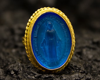 Bague Vierge Marie en or bleu taille-douce Argent sterling 925