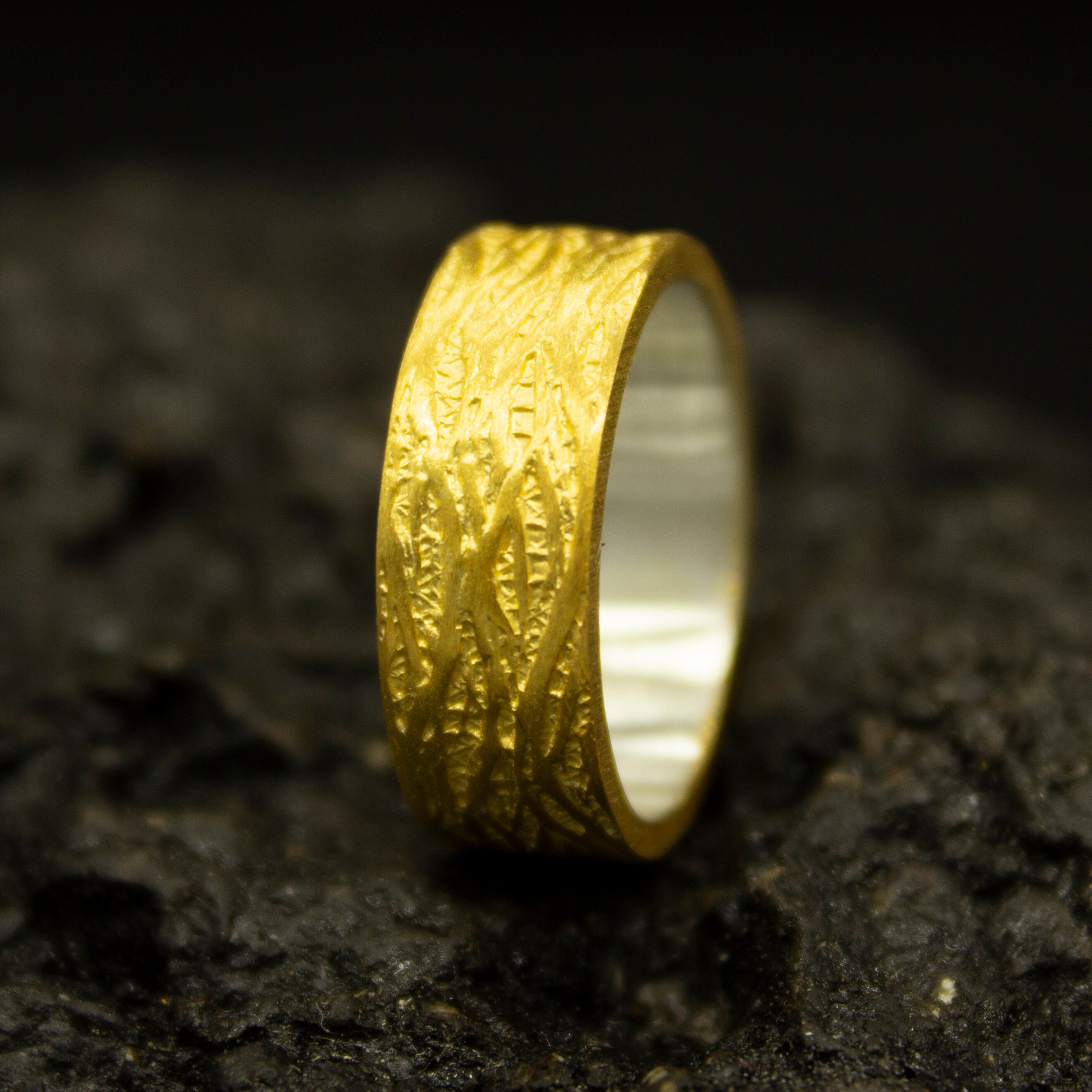 Tree Bark Silver Gold Ring 7 Mm | 24K Gold Plated 925 Sterling