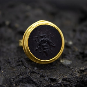 Greek Bee Intaglio Glass Ring | 925 Sterling Silver | Ephesus Ancient Bee Venetian Intaglio Jewelry | Ionia Black Queen Bee Ring by Pellada