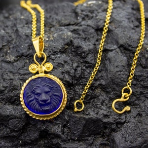 Ancient Lion Intaglio Glass Necklace | Silver 24K Gold Plated | Greek Lion Intaglio Silver Pendant | Venetian Glass Zodiac Pedant by Pellada