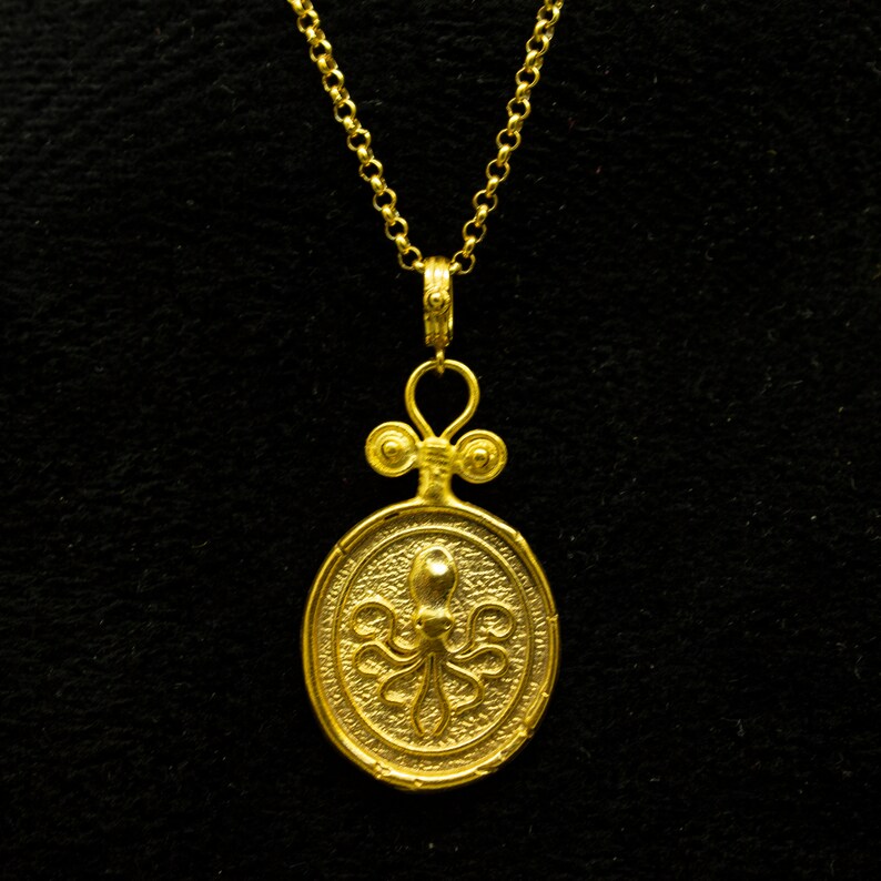 Octopus Signet Coin Pendant | 925 Sterling Silver 24K Gold Plated | Greek Medallion Octopus Kraken Necklace | Ancient Jewelry by Pellada image 2