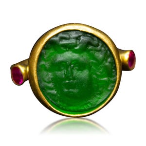 Ancient Greek Medusa Intaglio Glass Signet Ring | 925 Sterling Silver | Roman Vintage Silver Ring | Green Intaglio  Glass Ring by Pellada