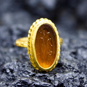 Ancient Greek Woman Intaglio Glass Silver Ring | 24K Gold Plated | Ancient Greek Venus Ring | Dainty Tiny Carving Ring by Pellada