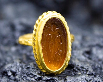 Ancient Greek Woman Intaglio Glass Silver Ring | 24K Gold Plated | Ancient Greek Venus Ring | Dainty Tiny Carving Ring by Pellada