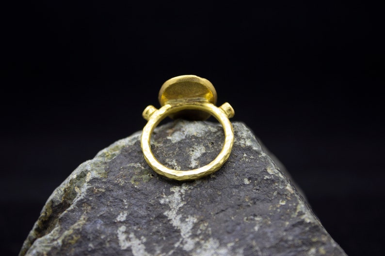 Ancient Roman Greek Art Signed Coin Ring 24K Gold Plated 925 Sterling Silver WRed CZ Stone Ring Handcrafted Hammered Jewelry by Pellada