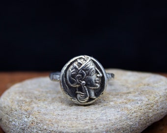 Stainless Steel Athena Greek Goddess of Wisdom Hexagon Crest Flat Top Biker Style Polished Ring 