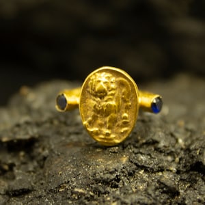 Greek Lion Signet Coin Ring  | 24K Gold Plated 925 Sterling Silver | Ancient Roman Art Signet Ring | Zodiac Lion Ring by Pellada