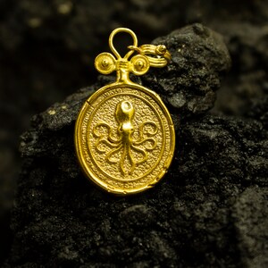 Octopus Signet Coin Pendant | 925 Sterling Silver 24K Gold Plated | Greek Medallion Octopus Kraken Necklace | Ancient Jewelry by Pellada image 3