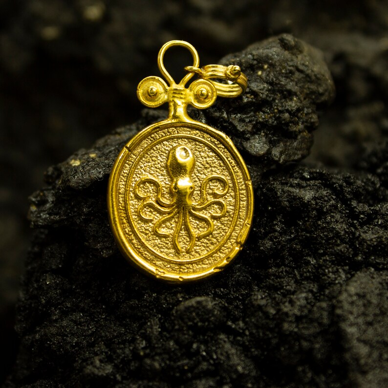 Octopus Signet Coin Pendant | 925 Sterling Silver 24K Gold Plated | Greek Medallion Octopus Kraken Necklace | Ancient Jewelry by Pellada image 3