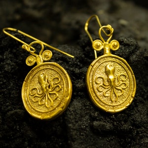 Ancient Octopus Gold Signet Earrings | 24K Gold Plated 925 Sterling Silver | Greek Art Kraken Earrings | Christmas Gift by Pellada