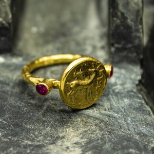 Artemis Ancient Deer Coin Ring | 24K Gold Plated 925 Sterling Silver | Greek Roman Mythology Medallion Ring | Historical Jewelry by Pellada