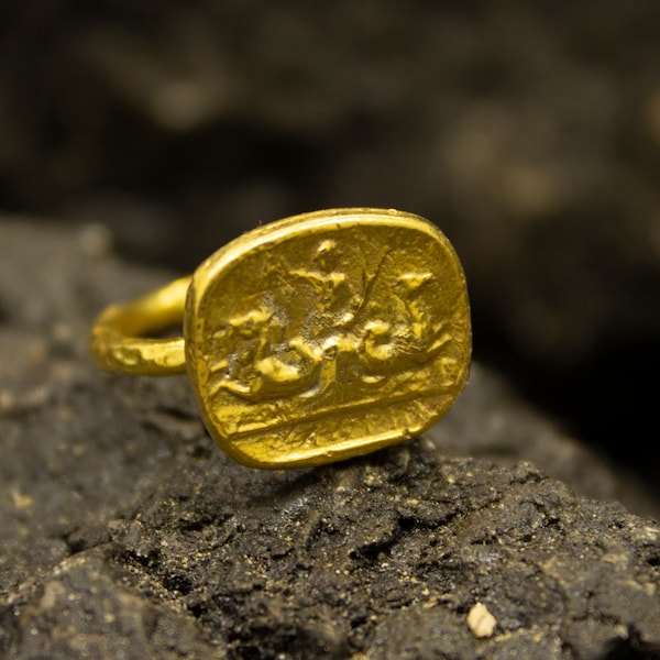 Roman Chariot  Ring | 24K Gold Plated 925 Sterling Silver | Chariot Driver & Horse  Signet Ring | Winged Victory | Museum Jewelry by Pellada